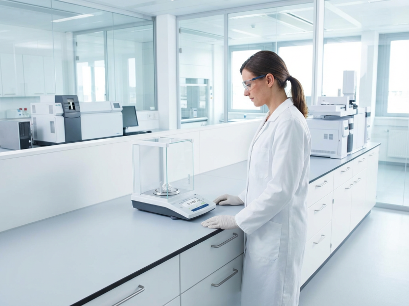 Ein Forschungslabor analysiert Proben mit einer hochpr&auml;zisen Laborwaage