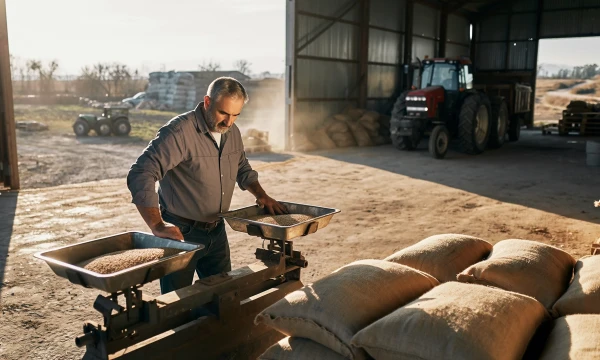 Ein Landwirt wiegt S&auml;cke mit Getreide auf einer robusten Waage.