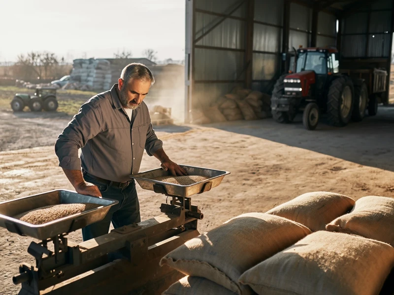 Ein Landwirt wiegt S&auml;cke mit Getreide auf einer robusten Waage.