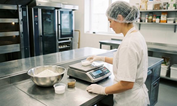 Eine Lebensmittelproduktion kontrolliert Zutatenmengen mit einer hygienischen Pr&auml;zisionswaage