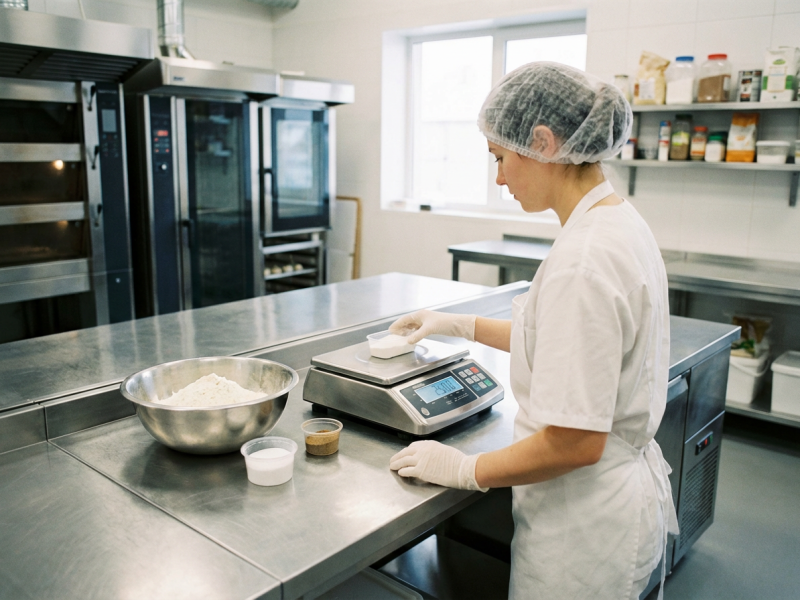 Eine Lebensmittelproduktion kontrolliert Zutatenmengen mit einer hygienischen Pr&auml;zisionswaage